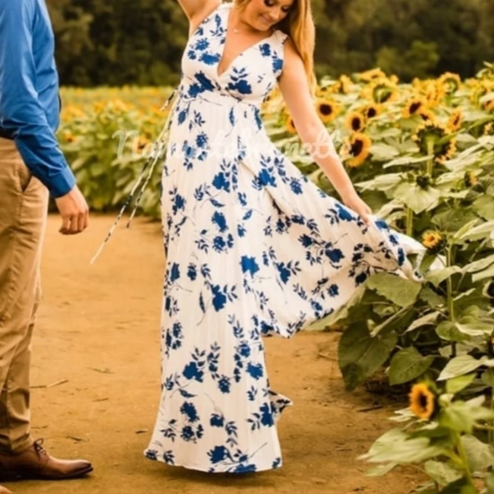 Nwt Lulu's Small Boho Ivory Multi Floral Print Pleated Wrap Maxi Dress - Picture 9 of 16